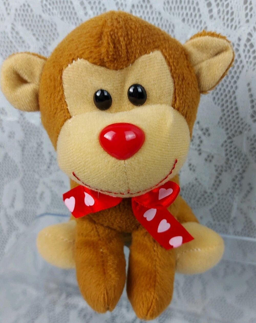 Megatoys Monkey Plush Just For You Brown Red Heart Bow Valentines 7" Stuffed